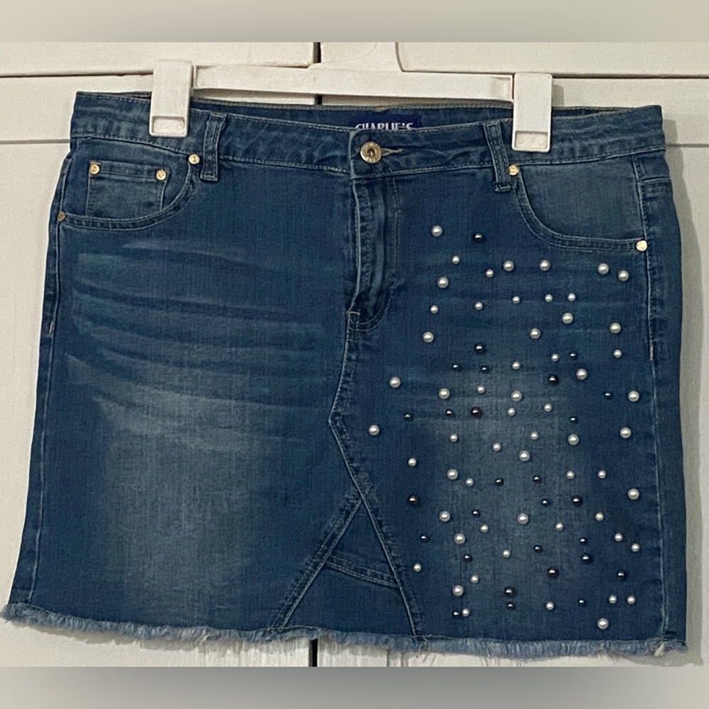 Charlies Blue Mini Pencil Skirt with White Embellishments